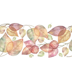 Autumn leaves watercolor hand drawn set. Transparent autumn foliage seamless pattern. Branch with leaves logo design template.