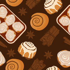 Cinnamon roll bun seamless pattern cartoon vector. Food baked in flat style. Bread bakery concept