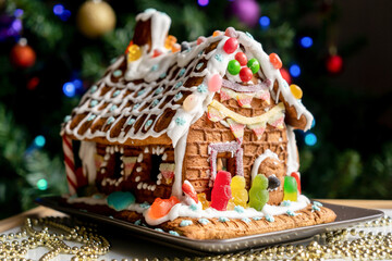 Homemade gingerbread house decorated with icing, sweets , and jelly candies with blurred Christmas...