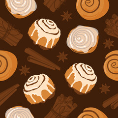 Cinnamon roll bun seamless pattern cartoon vector. Food baked in flat style. Bread bakery concept