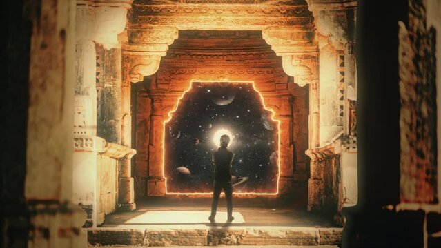 Space Portal Temple Door Man Looking Solar System Zoom In. Man standing alone in front of a portal to the deep space inside a house. Surreal background, zoom in