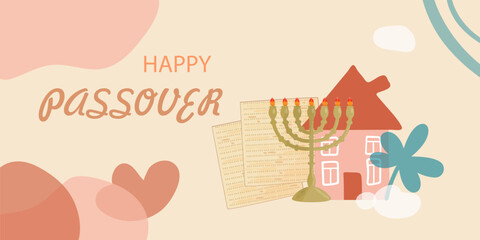 Happy Passover greeting card. Traditional jewish matzo, menorah and trendy geometric shapes