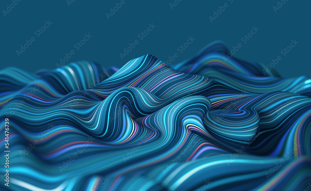 Poster Sea wave emotion. Fluid waviness of a soft surface. 3D illustration of a field of strings twisted in an abstract pattern