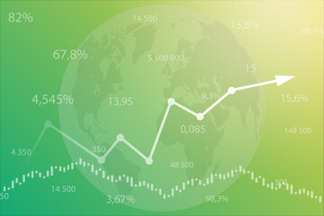 Green and yellow finance background with candlesticks, arrow, numbers, world globe