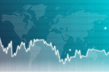 Blue finance background with columns, lines, numbers, world map