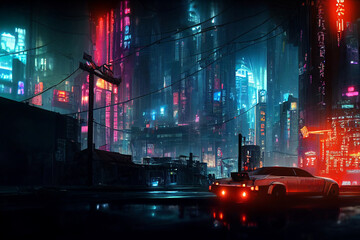 Concept art illustration of cityscape of asian cyberpunk city at night