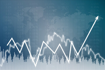 Blue finance background with columns, lines, numbers, arrow up. Uptrend