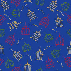 Blue background and various coloured bird cages seamless pattern background.  Perfect for fabric, scrapbooking, quilting, wallpaper and many more projects.