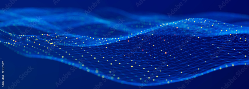 Poster Futuristic wave on blue background. Colored pattern of connection dots and lines. Technology or Science Banner. 3D