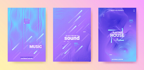 Dance Music Flyer. Electro Party Cover. Vector 3d Background. Gradient Wave Line. Blue Purple Dance Music Flyer. Futuristic Fest Illustration. Techno Sound Poster. Dance Music Flyer Set.