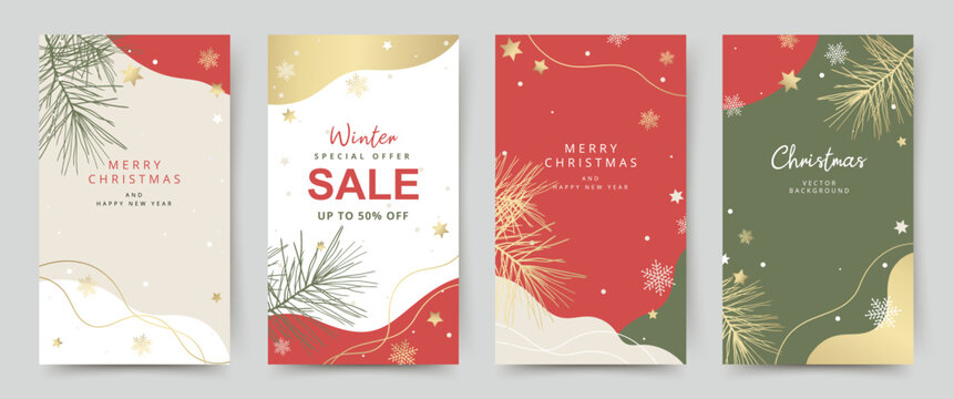 Merry Christmas and Happy New Year Set of backgrounds. Winter holidays design templates. Vector illustration for seasonal sale banner, greeting card, poster, cover, web, social media post, print