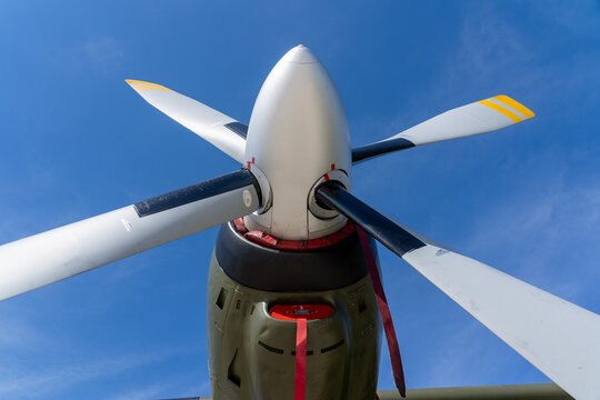 Low angle of aviation propeller of military aircraft transall c160 with blue sky in the background