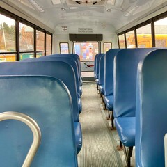 Interior of a School bus with Blue Seats