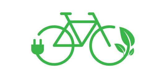 Cartoon charging point cable battery station for an electric ebike e bike. Bicycle, charge, plug and bio, eco green power. Vector sport symbol or logo. cyclist riding. City e-bike, in location.