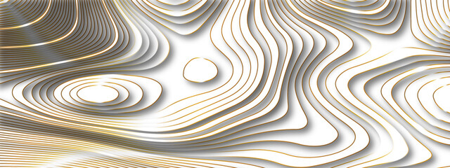 Fototapeta na wymiar The stylized white and golden abstract and papercut topographic map with lines and circles background. Topographic map and place for texture. Topographic gradient linear background with copy space. 