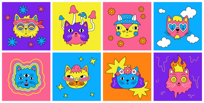 Naklejki A set of hippie cats. Hallucinogenic bright faces. Retro stickers in the style of raves of the 70s, 60s. Acid rave