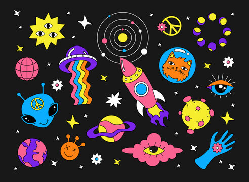 A Set Of Psychedelic Retro Stickers. Vintage Y2k, UFO, Alien, Space, Rainbow. Hippie Style