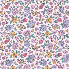 Fototapeta na wymiar Beautiful vector cute abstract flowers seamless pattern in childish style. Simple pretty flowers with leaves. Modern background for textiles, packaging, designs, fashion fabric, wallpaper