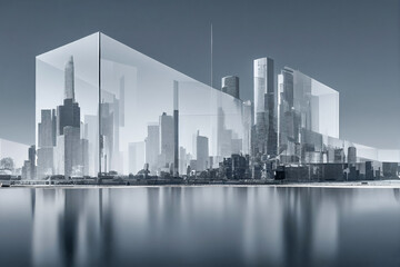 Future city skyline panorama 3D scene. Futuristic cityscape creative concept illustration: skyscrapers, towers, tall buildings, Panoramic urban view of megapolis town, sky background. 3d render