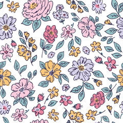 Beautiful vector cute abstract flowers seamless pattern in childish style. Simple pretty flowers with leaves. Modern background for textiles, packaging, designs, fashion fabric, wallpaper