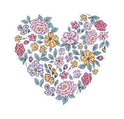 Beautiful vector cute abstract flower heart in childish style. Simple pretty flowers with leaves in the shape of a heart. Modern style for creating cards, decor, textile, invitation, posters