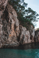 Corfu, Greece. A huge rock on the beach with blue water on which green plants and trees grow.