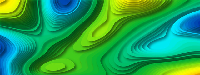 The stylized colorful abstract and papercut topographic map with lines and circles background. Topographic map and place for texture. Topographic gradient linear background with copy space. 