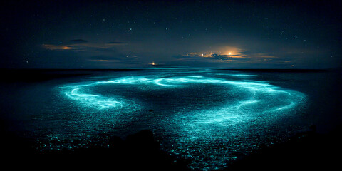 Bioluminescence. Bio luminescent ocean. Bioluminescent plankton in the sea - obrazy, fototapety, plakaty