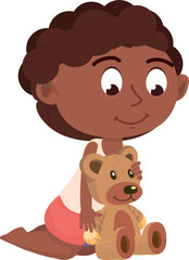Black girl playing with teddy bear. Cartoon kid character