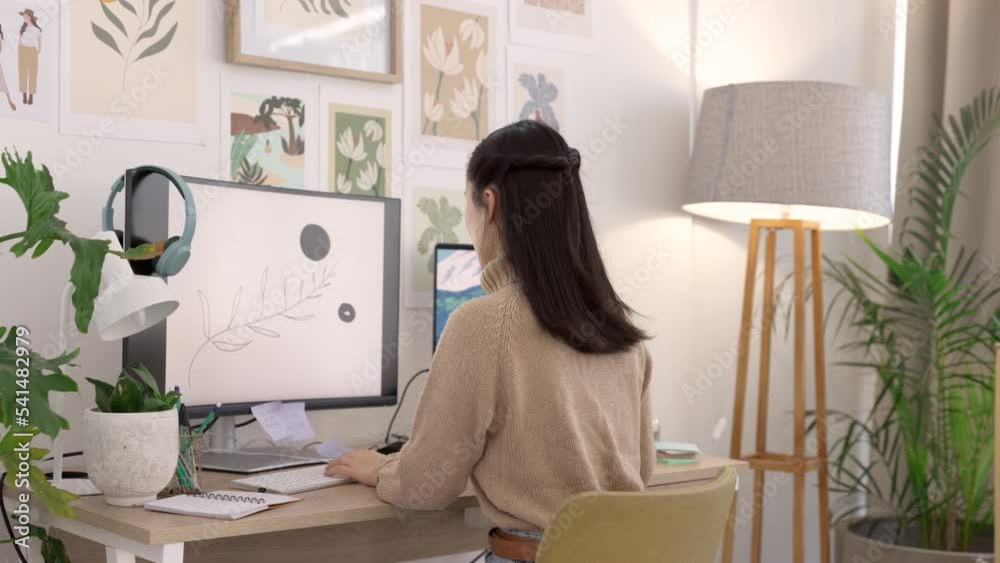 Poster woman, computer and graphic designer in digital web logo design studio or office at home. entreprene