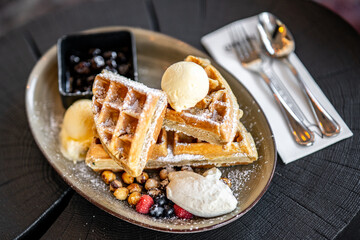 waffles with vanilla ice cream and sugar