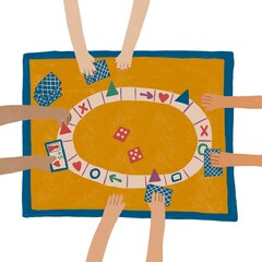 Playing a board game, hands over the table and playing