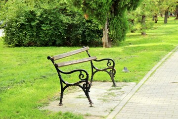 Bench destroyed by vandals in the city park