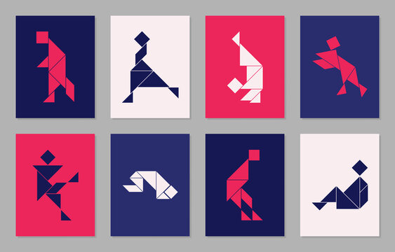 Colorful posters with eight tangram vector people.