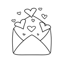 Monochrome Romantic open envelope with hearts, a letter for a declaration of love, vector cartoon