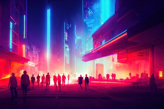 People Walk Through The Night Streets Of Sci-fi Futuristic City