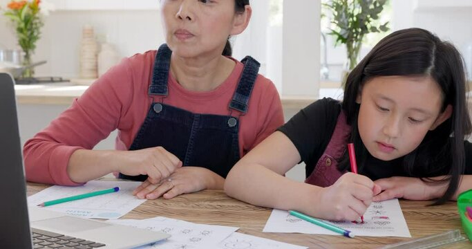 Education, laptop and mother with girl at table for homework, distance learning and online class in home. Writing, family and learning asian student with parent study, help and learn in Japan