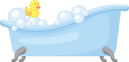 Bathtub full of water with rubber duck. Bathroom cartoon icon