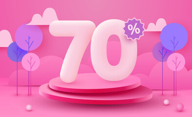 70 percent Off. Discount creative composition. 3d sale symbol with decorative objects and podium. Sale banner and poster.