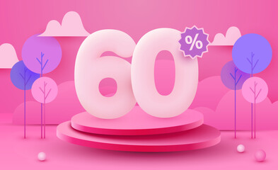 60 percent Off. Discount creative composition. 3d sale symbol with decorative objects and podium. Sale banner and poster.