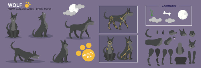 Spooky halloween wolf character vector ready to rig for animation. Wolf howling at the moon with a range of poses and assets to create your own. Rig ready wolf.