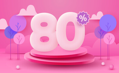 80 percent Off. Discount creative composition. 3d sale symbol with decorative objects and podium. Sale banner and poster.