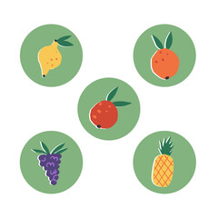 Cute retro-style fruit stickers set. Happy fruits smiles, apple, lemon, orange, tangerine, kumquat , strawberry.
