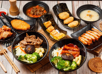 Assorted taiwan fried food Grilled Snapper Maw Rice Bowl, Roasted plum meat rice bowl, Tomato Beef Donburi, Pumpkin Bisque, Bacon Croquette, Honey Pumpkin, golden dolly fish, Pork Chops, Fried Chicken