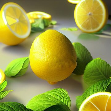 Fresh lemons on the table, whole and cutted