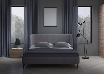 Interior of a cozy bedroom in modern design. Night. Evening lighting. 3D rendering. - 541487770