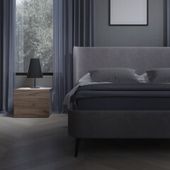 Interior of a cozy bedroom in modern design. Night. Evening lighting. 3D rendering. - 541487787