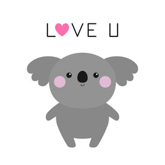 Love you. Koala bear icon. Heart. Cute cartoon funny baby character. Kawaii animal. Pink cheek. Notebook cover, t-shirt print. Valentines Day greeting card. Flat design. White background.
