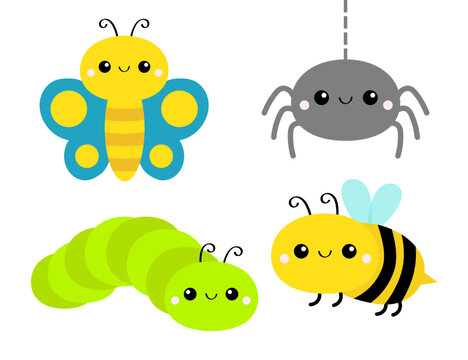 Naklejka Cute butterfly, caterpillar, spider, bee bumblebee catapillar honeybee. Insect set line. Cartoon funny kawaii baby animal character. Sticker print. Flat design. White background. Isolated.