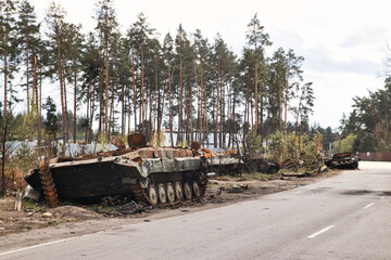 Burnt column of Russian armored vehicles near Kyiv